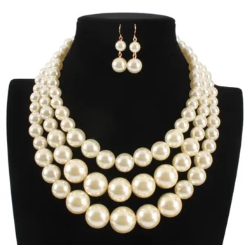 

New Wedding Jewelry Sets 3 Layers Big Simulated-pearl Necklace Earrings Parure Bijoux Femme Mariage Nigerian Beads Jewelry Set