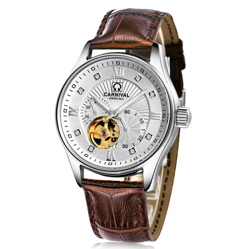 

Carnival Brand Skeleton Mechanical Watch Men Miyota 21 Jewels Movement Luxury Diamond Clock Leather Waterproof Relojes Hombre
