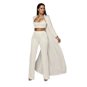 

2019 autumn hot sale stretch knit women's three-piece suit fashion casual suit wide leg pants waist set casual fashion women set