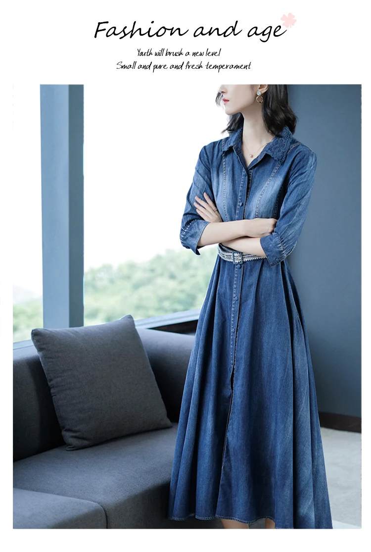 Dress Women Boho Long Denim Vestidos Half Sleeve A-line Blue Elegant Vintage Denim Jeans Dresses