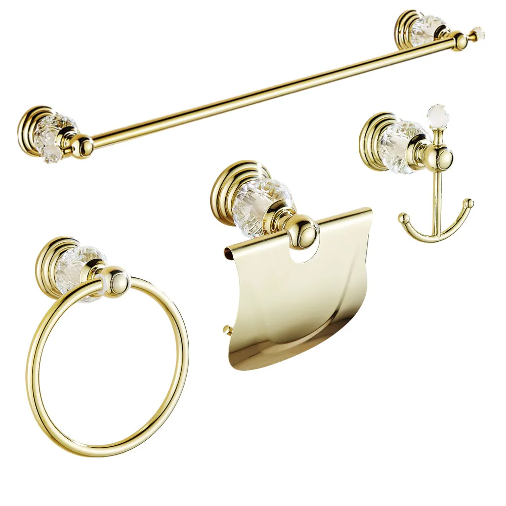 European Gold Clear Crystal Bathroom Hardware Set 4 Items Wall Mount Polish Finish Bathroom