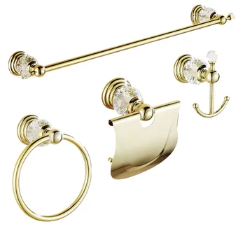 

European Gold Clear Crystal Bathroom Hardware Set 4 Items Wall Mount Polish Finish Bathroom Accessories UK2901
