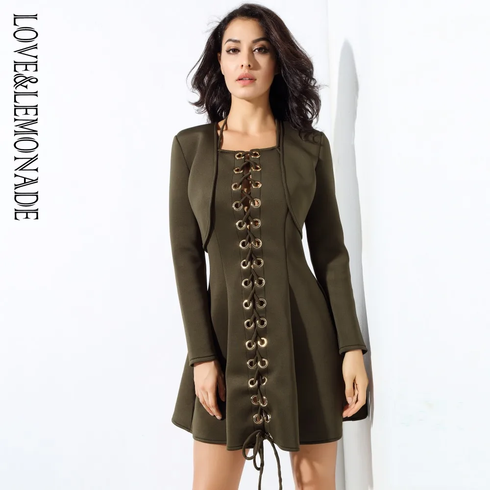 

Love&Lemonade Army Green Two-Pieces Metal Ring Shirt Blonde Dress LM0332