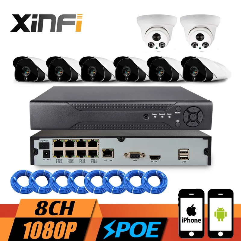 

XINFI 8CH POE System HDMI built-in POE function NVR Recorder with 8 POE 1080P HD Camera Home Security poe Camera System CCTV kit