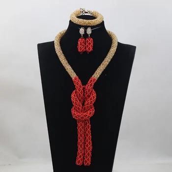 

Trendy Champagne Mix Red/Orange Crystal Nigerian African Wedding Bridal/Women Beads Necklace Jewelry Set Free Shipping ANJ235