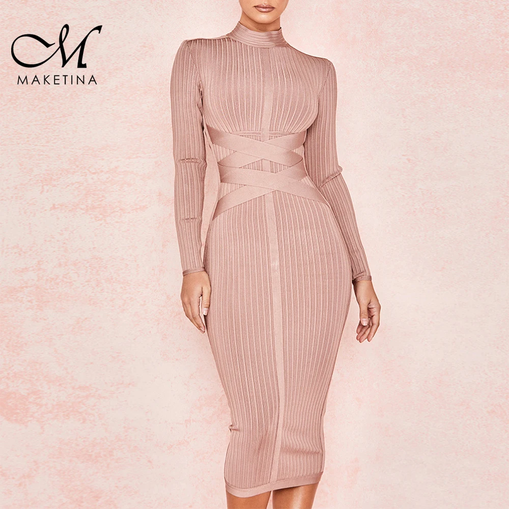

Maketina 2019 New Year Party Woman Bandage Dress Long Sleeve Elegant Midi Bodycon Bandage Dress Ribbed Cross Strap Bandage Dress