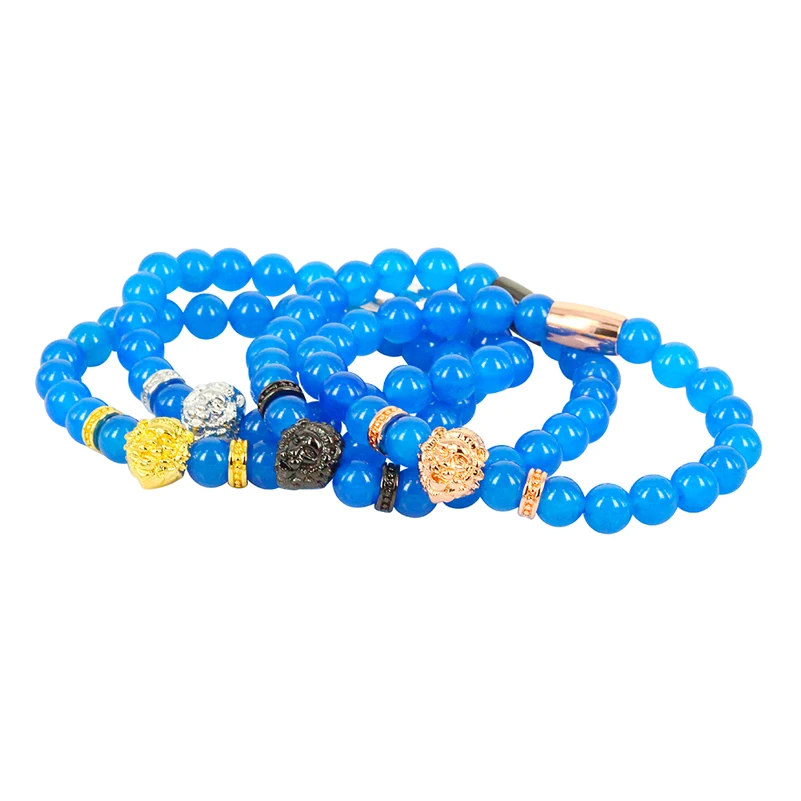 8mm Natural Royal Blue Onyx Semi Precious Stone Bead Lion Head Charm Spacer Standard Bracelets For Man | Украшения и аксессуары