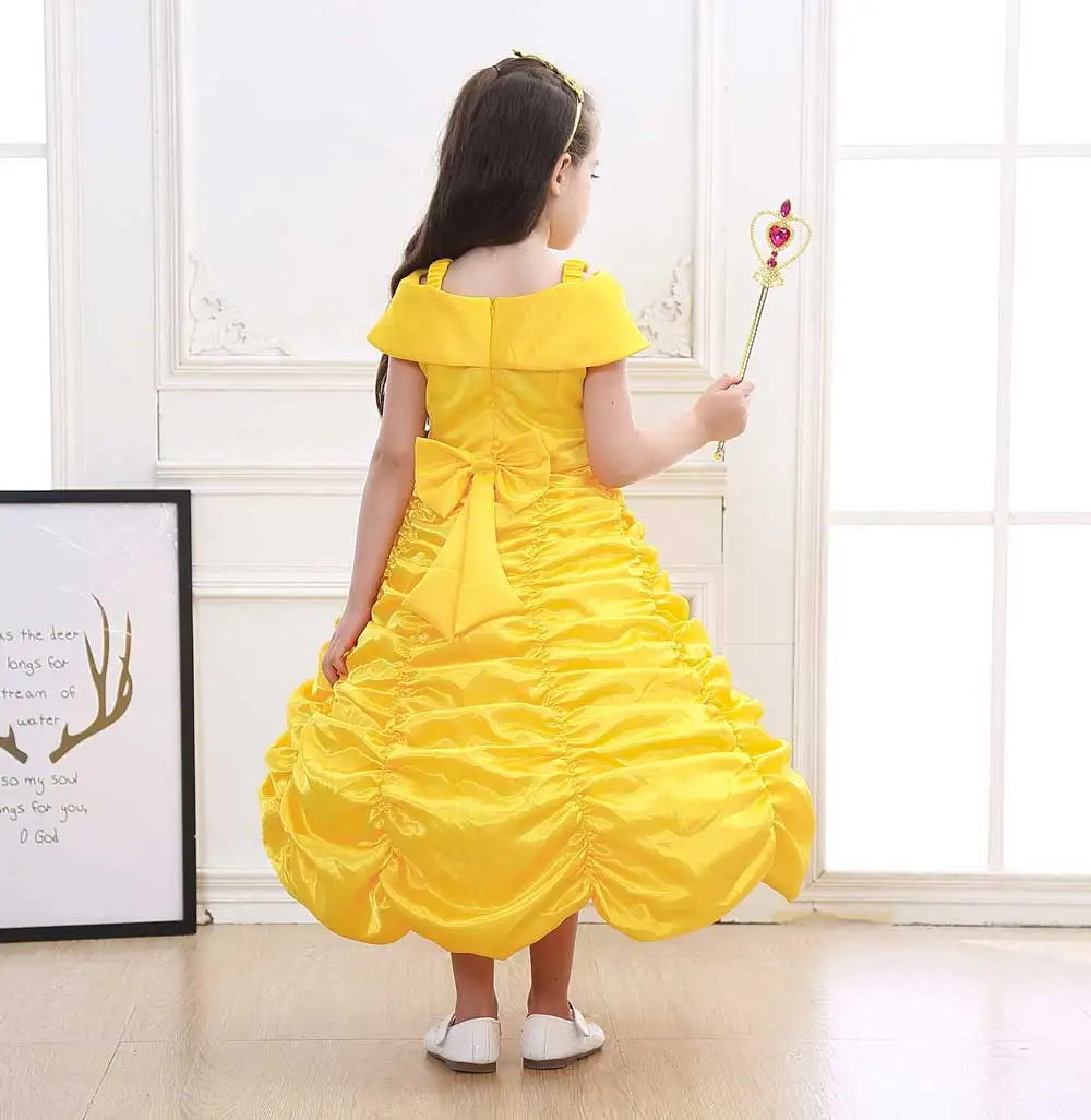 Платье принцессы Белль для девочек; Многослойная юбка на плечах; костюм с рисунком зверя; детское нарядное платье; костюм