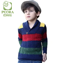 PCORA Boys Wool Children Sweater Turn-down Collar V-neck Thick Soft Keep Warm Kids Boys Sweater Striped Kids Casual Winter