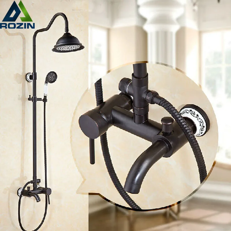 

Oil-rubbed Bronze Wall Mount Single Handle Bath Shower Faucet 8" Rainfall Tub Shower Taps with Handheld Shower