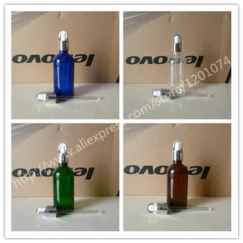 

100ml brown/clear/blue/green shiny Glass Essential Oil Bottle With aluminum shiny silver basket ring+white/black cap.Oil vial
