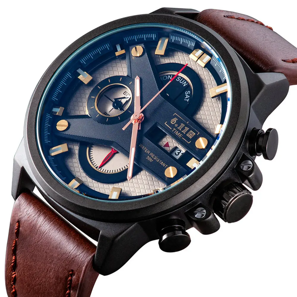 

Mens Watches Top Brand Luxury 6.11 Waterproof 24 hour Date Quartz casual Watch Man Leather Sport WristWatch Men Waterproof Clock