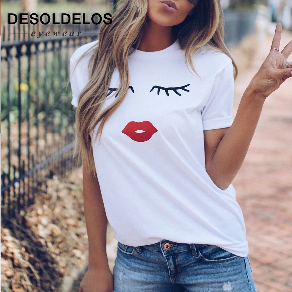 

2019 Pretty and cute Eye Lashes Red Lips Print Women t shirt Summer Casual Short Sleeve O Neck t-shirt Ladies White TShirt Tops