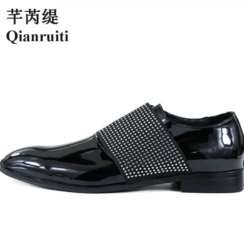 Qianruiti Men Patent Leather Shoes Rhinestone Slip on Slipper Business