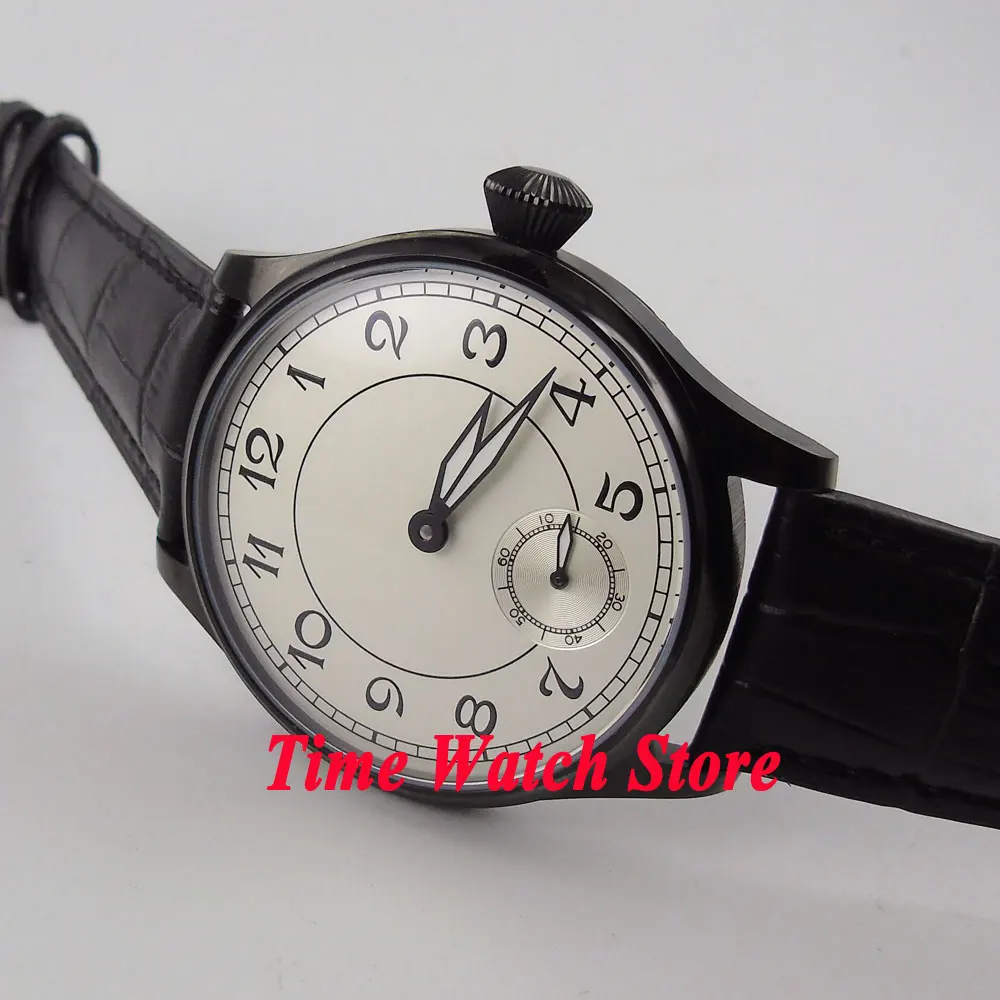 

Parnis 44mm white dial luminous PVD case leather strap 6498 hand winding movement Men's watch 288A