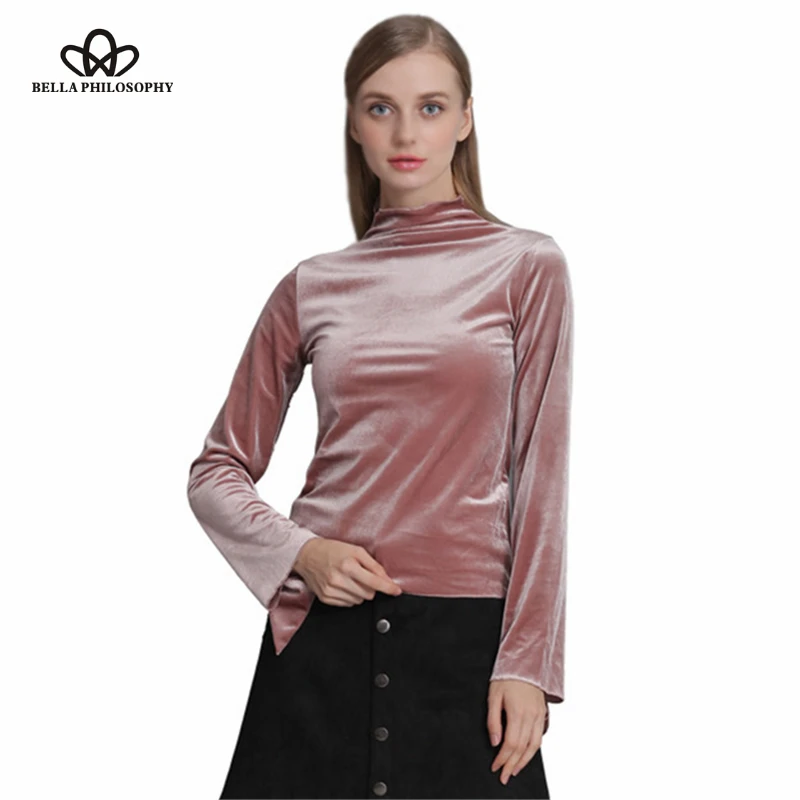 Junelove 2019 spring stand collar long sleeve bling velvet pullover Shirt metallic color blouse shirt women blusas | Женская одежда