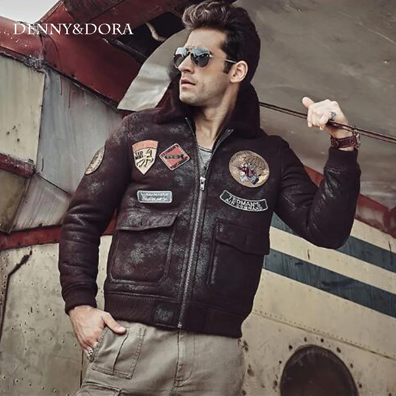 

2018 New Style Mens winter leather jacket Brown Aviator B3 Sheepskin Jacket Motorcycle Jacket Embroidery Casual Coat