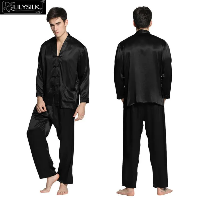LilySilk пижама мужская шелковая домашняя одежда для мужчин костюм белье пижамный комплект шелк 22 Momme с v-образным вырезом и длинным рукавом эластичный пояс китайский кнопки