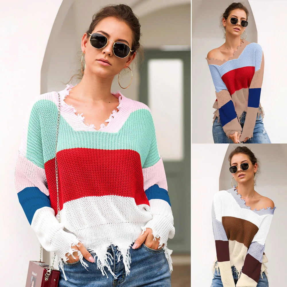 Rainbow Sweater Women Ripped V Neck Pullover and Sweater Long Sleeve Striped Autumn Knit Sweater