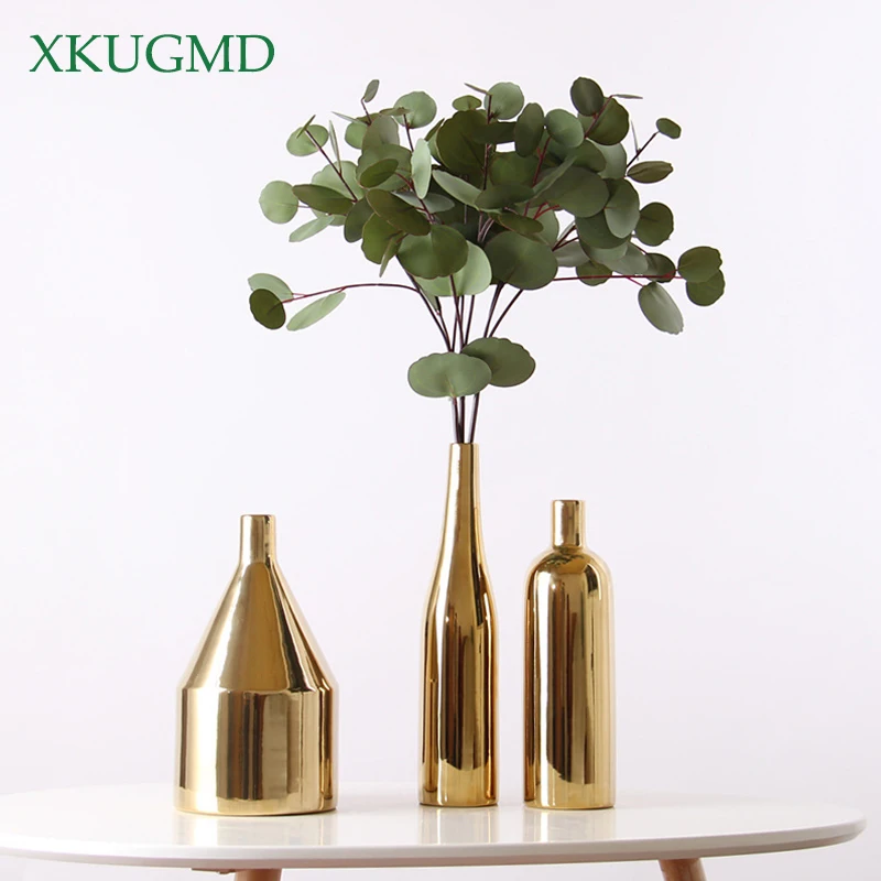 

New Nordic Gold Plated Vase Ceramic Flower Pot Golden Water Planting Container Desktop Decorative Vase Crafts Flower Arrangement