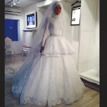 OW69 With Hijab and Veil Ball Gown Bridal High Neck Long Sleeve Muslim Wedding Gown