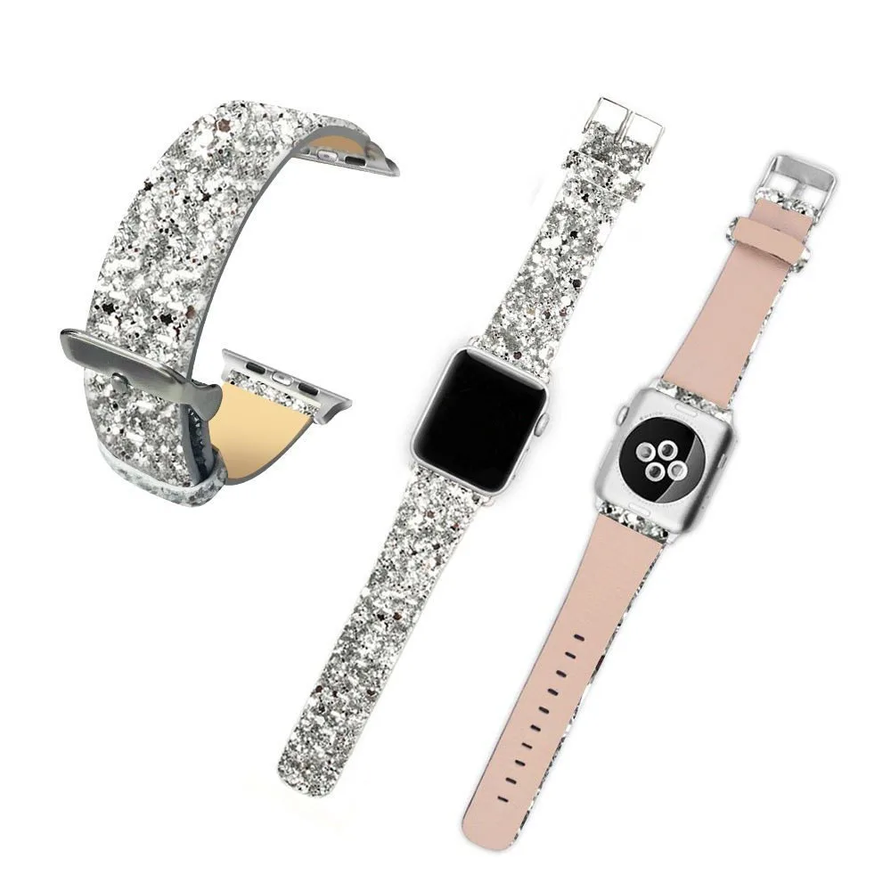 38, 40, 42, 44 мм для Apple Watch, версии 4/3/2/1 кожаный Bling наручных часов Iwatch, ремешок для наручных часов ремень Рождество блестящие Мощность - Цвет ремешка: silver