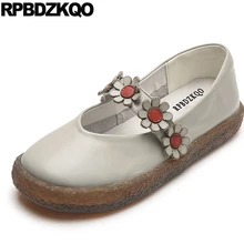 Настоящая кожа Дамы красивые плоские туфли ручной работы женщин цветок аппликация марочный белый Японская школа цветочный Мэри Джейн Толстая подошва Китай весенняя осень европейская Мода последние отправка капель