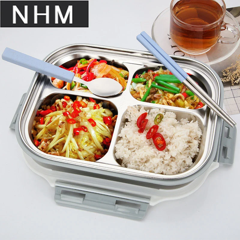 

NHM 1 pcs 304 stainless steel student insulated lunch box with cutlery adult fast food box portable split plate