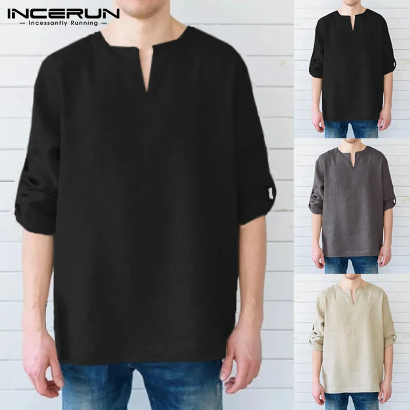 

INCERUN Men Shirts Dress 100%Cotton Long Sleeve V Neck Shirts Solid Loose Fit Casual Shirts Hombre Camisa Male Clothes Big Size
