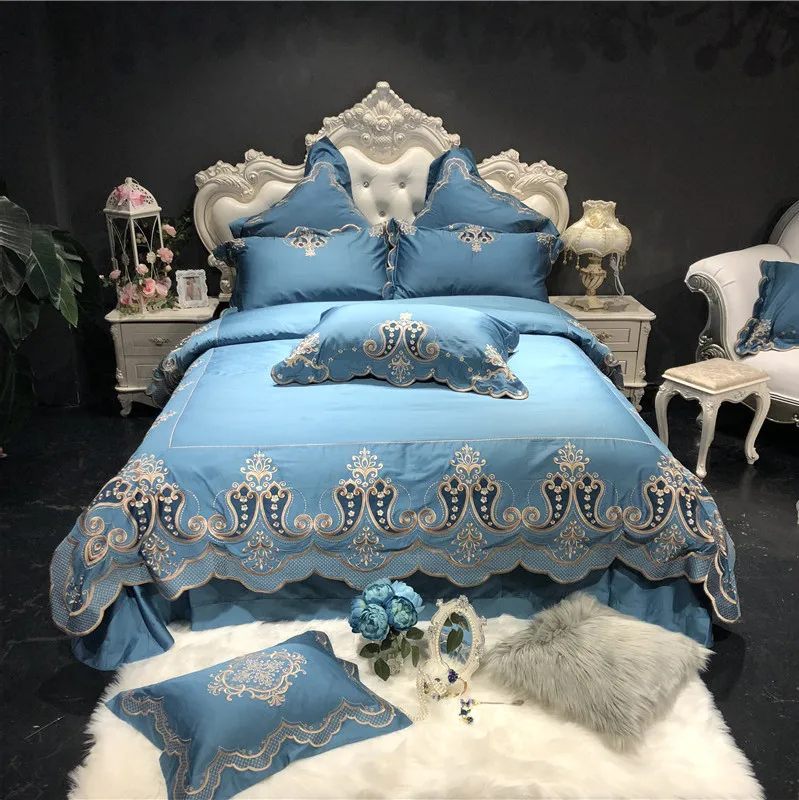 

Luxury European Palace 120S Egyptian Cotton Gold Royal Embroidery Bedding Set Light Blue Duvet Cover Bed sheet/Linen Pillowcases