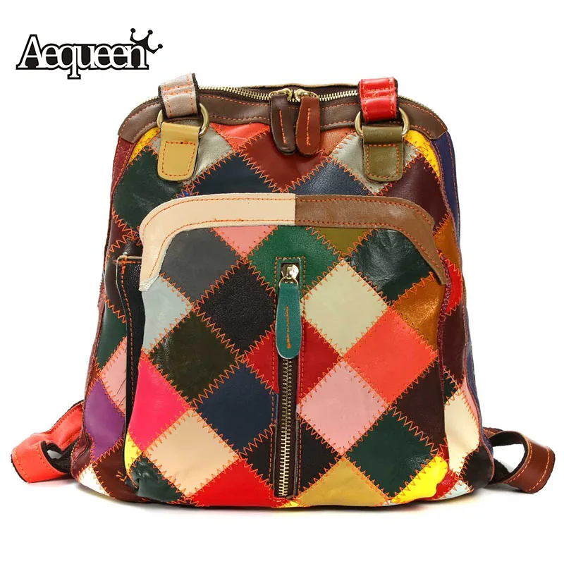 

AEQUEEN Genuine Leather Backpack Women Travel Backpacks School Bags For Girls Colorful Patchwork Backpacks Female Woman Mochila