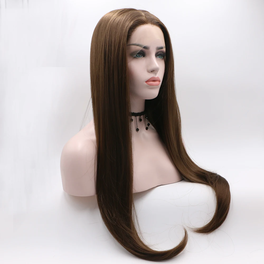 Фэнтези Красота натуральный коричневый 26 дюймов длинные прямые Glueless жаропрочных волос Синтетический Синтетические волосы на кружеве