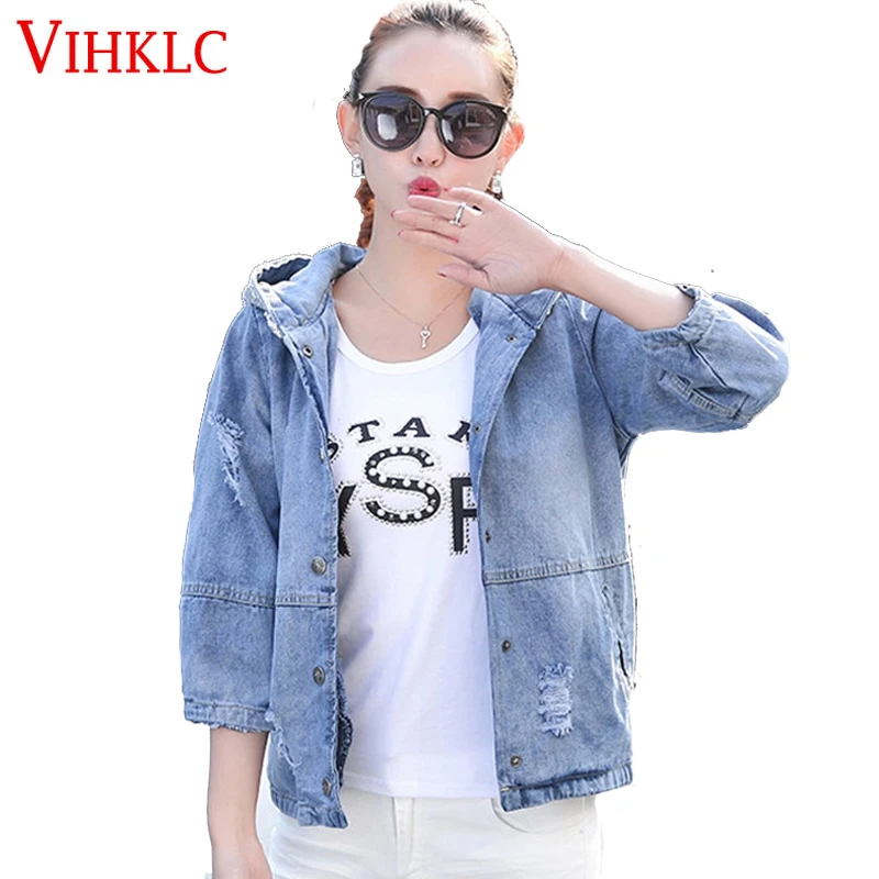 

Oversized Jeans Jacket Women 2018 Spring Autumn Loose Sequin Hooded Jean Jacket Coat Female Ripped Boyfriend Denim Jackets A525