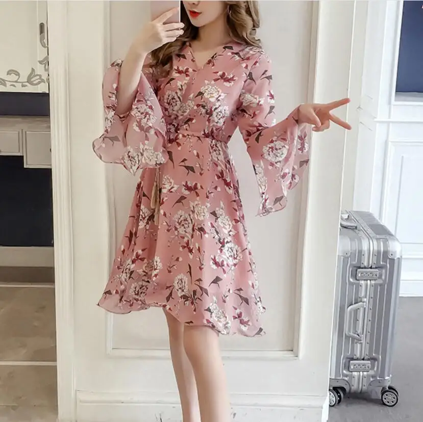 

New Women's Girdle dress Bohemian Summer Pastoral Style V-neck Flare Sleeve Floral Belt Slim High Quality Chiffon vestidos plus