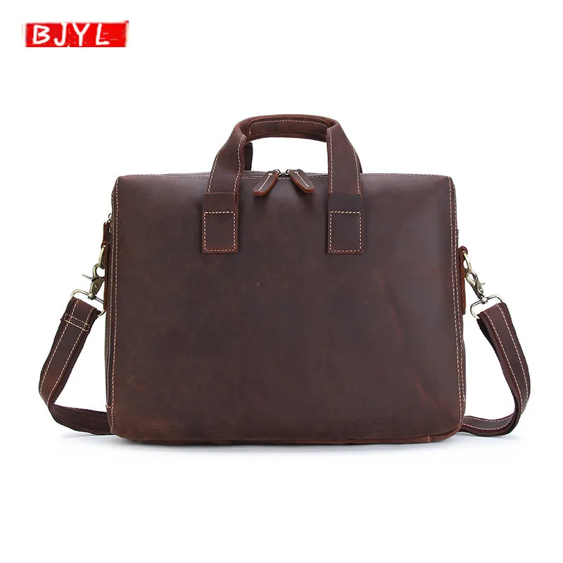 

Retro Crazy Horse Leather Men Briefcase business 15" Laptop Shoulder messenger Bag real Cowhide genuine Leather Official Handbag