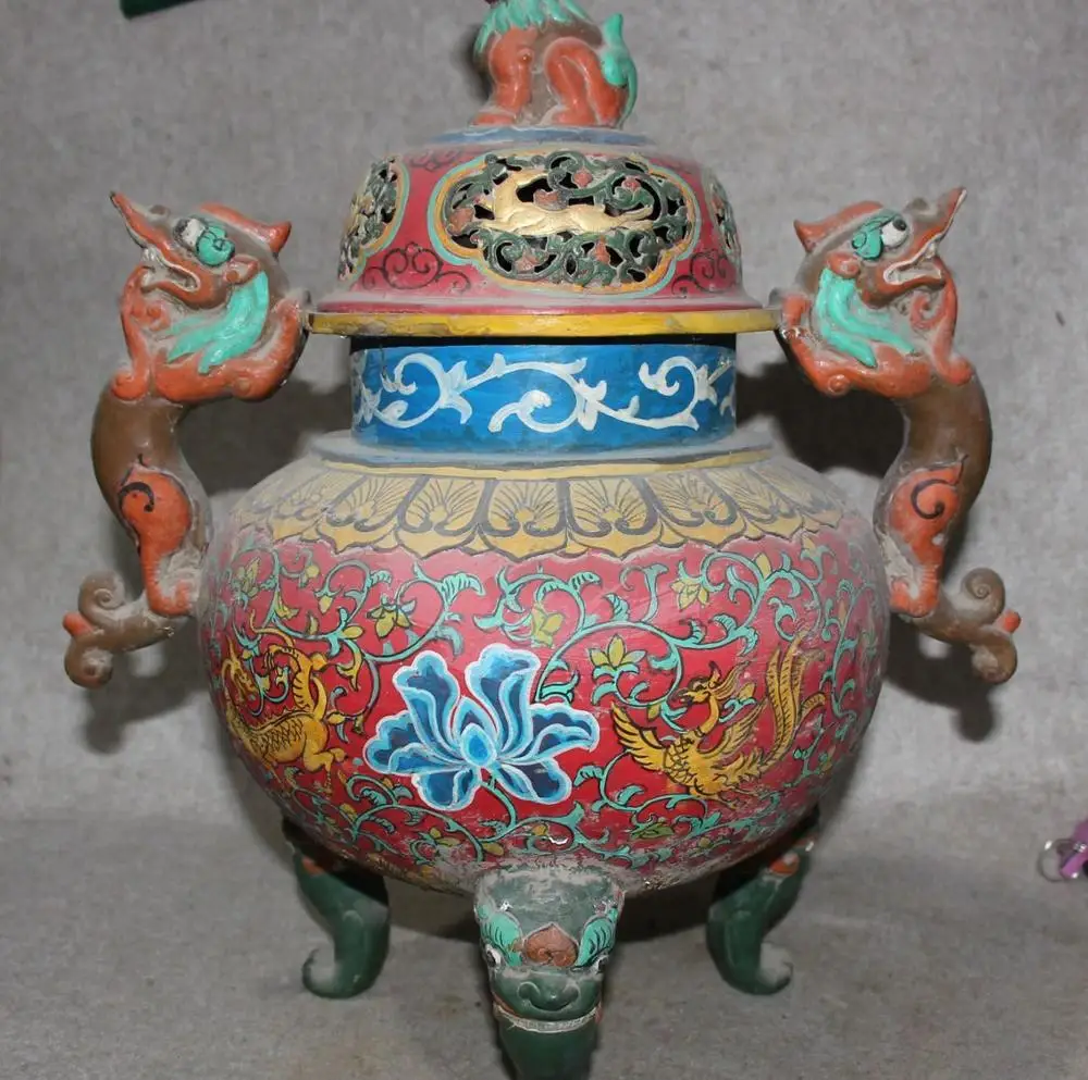 

17" Purple Bronze Painting Dragon Beast Kylin Phoenix Incense Burner Censer