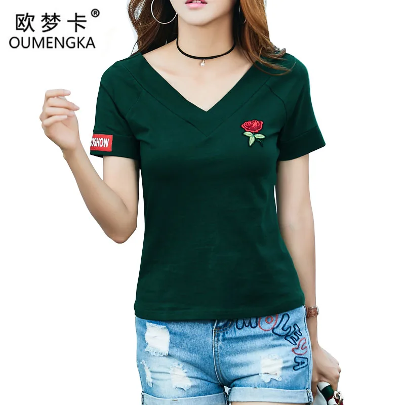 

OUMENGKA Vintage T-shirt Women Rose Floral Embroidery Sexy V Neck Casual Summer Tops 2018 New Fashion Slim T-shirt 4XL