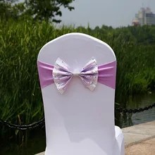 Дешевые 50 шт./партия, праздничный декор для события, эластичная лайкра, лента для стула, украшение для свадебной вечеринки, галстук-бабочка с пайетками, пояс для стула, красный/синий/желтый