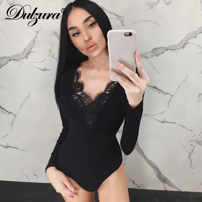 Dulzura النساء ارتداءها الدانتيل طويلة الأكمام الخامس الرقبة مثير 2018 الخريف الشتاء الإناث الملابس patckwork لصق بلوفر سيدات عيد الميلاد
