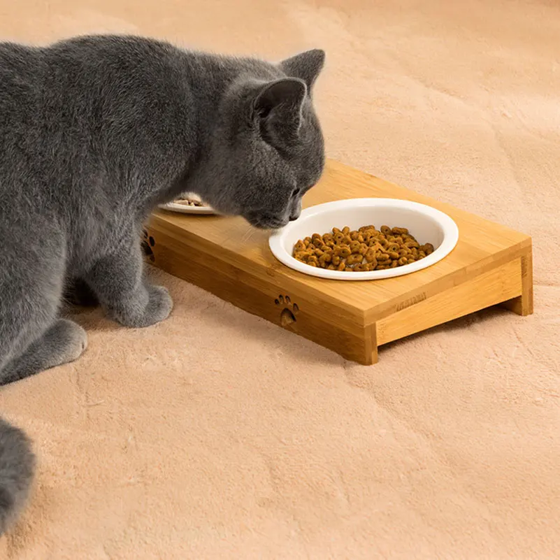 

Pet Cat Products Original Wood Bamboo China Bowl Double Style Elegant Feed Bowl