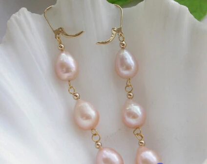 

free shipping new - hj 00313 3LINE 13MM PINK DRIP FRESHWATER PEARL DANGLE EARRING 14KGP-20 30%