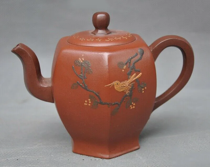 

wedding decoration 5"Chinese Yixing Zisha pottery carved Flower Bird Text Teapot tea set tea maker