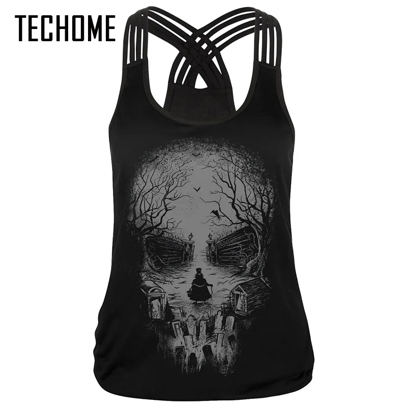 

Fashion Sexy Skull 3D Print Women Tops Sleeveless Vest O-Neck Workout Summer Tops Black Tees Plus Size Camisole Fitness