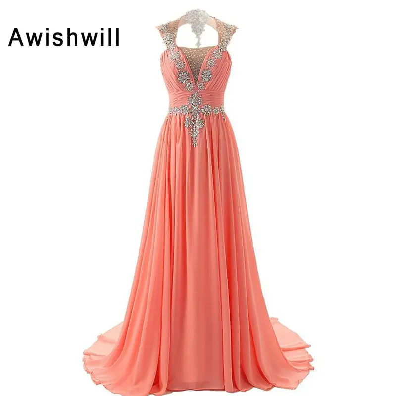 

New Design Ruched Beadings Rhinestones A-Line Chiffon Prom Dress Gown with Train Party Vestidos De Gala Largos 2019
