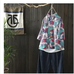 Оригинальный Винтаж перламутровыми пуговицами печати Мягкая хлопковая блузка свободная футболка женские новые летние Китайский