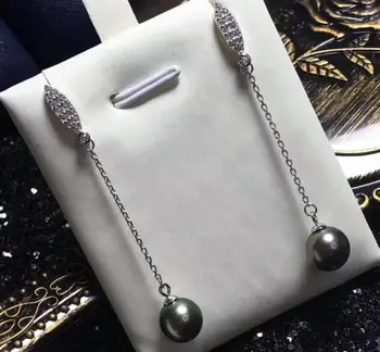 

free shipping charming 9-10mm Freshwater dangle White black pearl earring 925silver