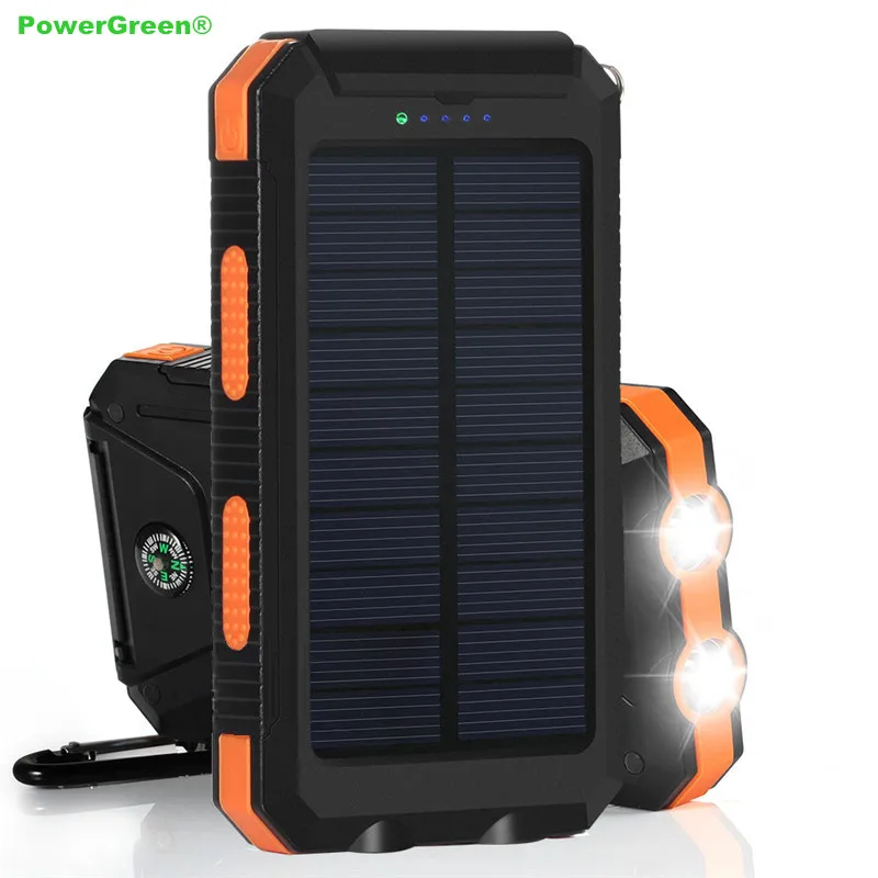 

PowerGreen Solar Power Battery Bank 10000mAh Water-resistant Solar Charger Mini Solar Panel Cell for Mobile Phone with LED Light