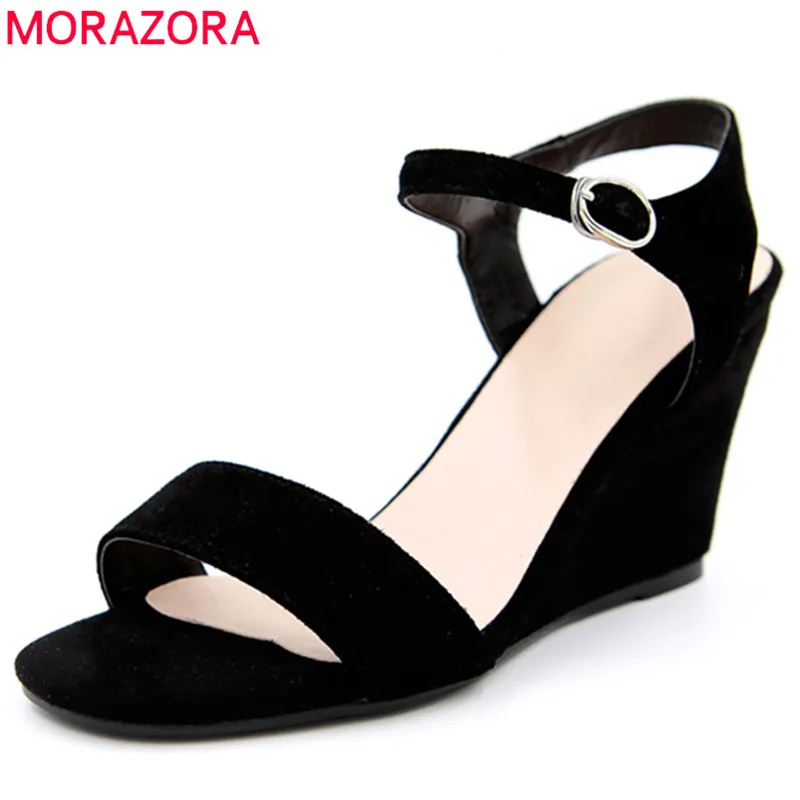 

MORAZORA 2018 top quality suede leather women sandals simple buckle solid color dress shoes comfortable wedges high heels shoes