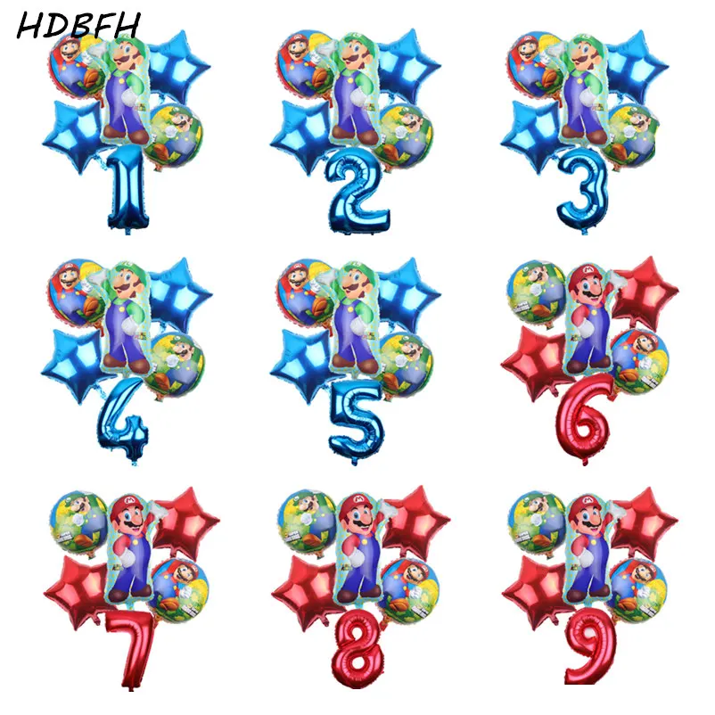 

HDBFH New 6pcs/lot 32 inch digital Super Mario aluminum film balloon Children's holiday atmosphere layout decorative balloons