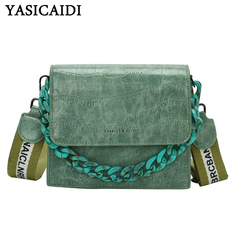 

YASICAIDI 2019 Fashion Chain Top-Handle Bags Wide Shoulder Strap Shopping Messenger Bag Summer Flap Pocket Women Crossbody Bags